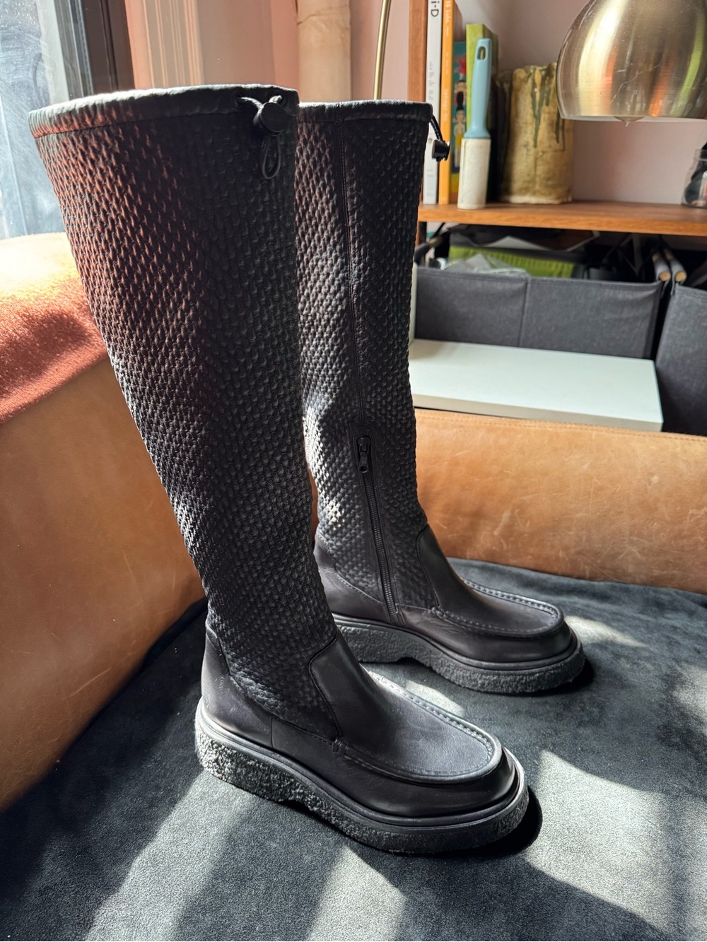 Rag & bone Black Leather Scout Boots over -the-Knee Scrunch adjustable Gum sole